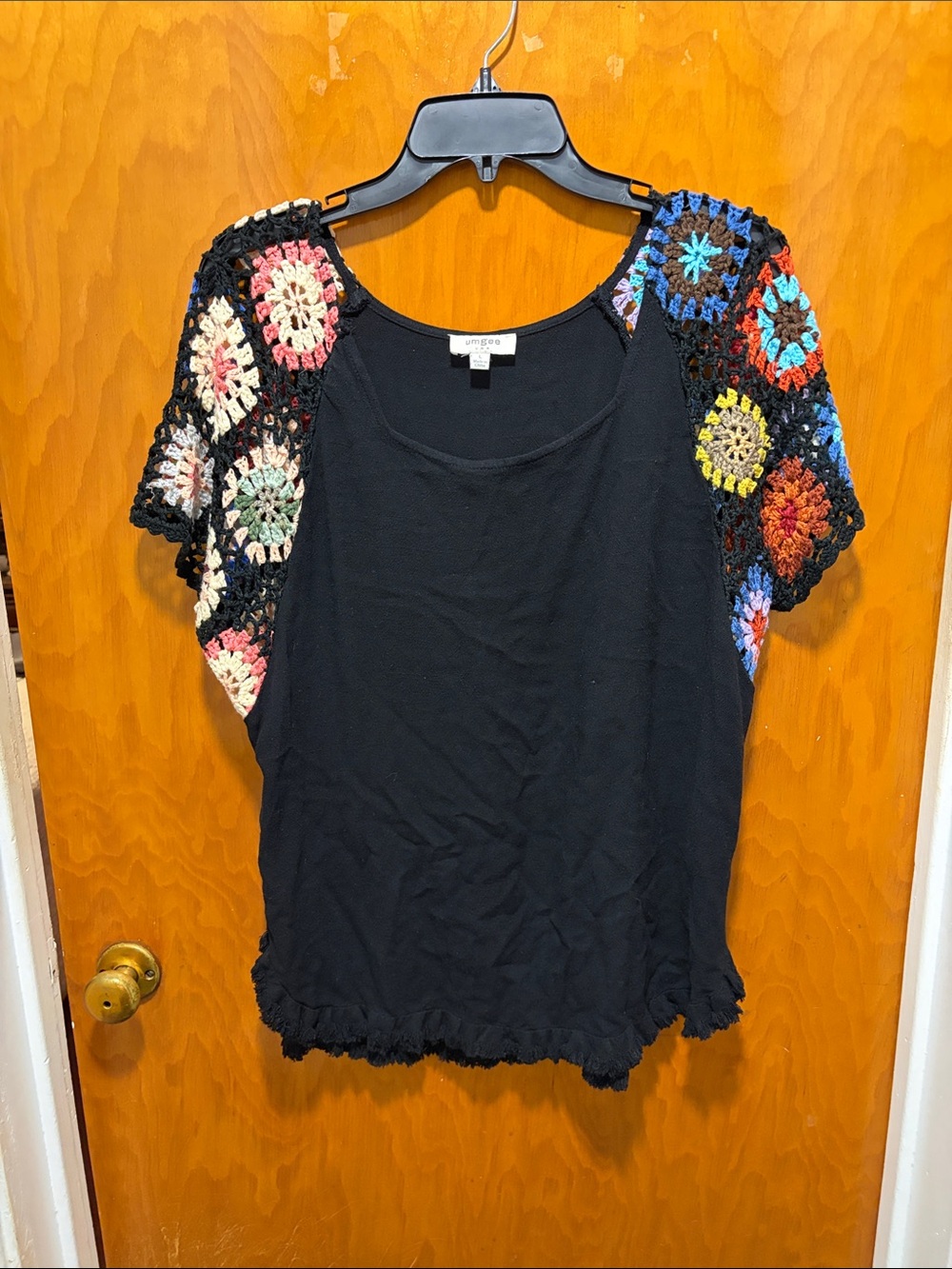 Umgee Black Tee with Multicolor Crochet Puff Sleeves